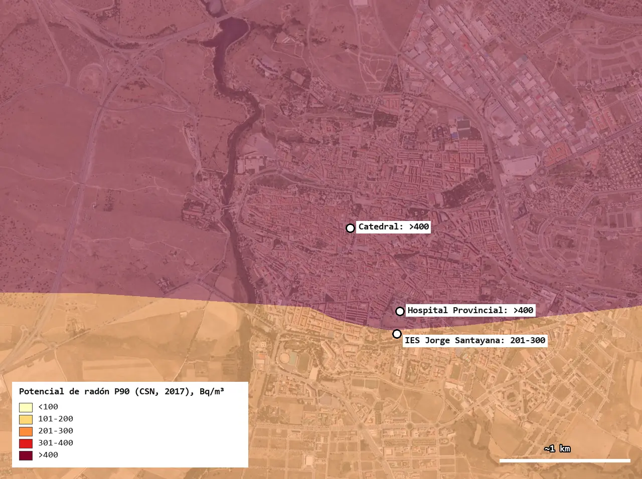 Ortofoto de Ávila con las clases del mapa de potencial de radón del CSN superpuestas: el casco y el norte en la clase superior a 400 Bq/m³ y el sur de la ciudad en la clase de 201 a 300, con la Catedral, el Hospital Provincial y el IES Jorge Santayana marcados