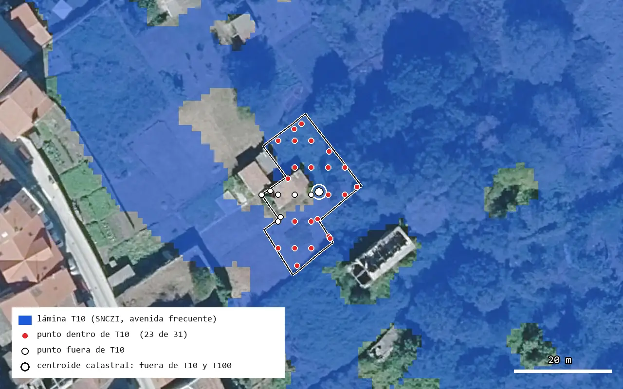 Ortofoto del solar de Betanzos con la lámina de inundación T10 en azul, el contorno catastral de la parcela y los 31 puntos de muestreo: 23 dentro de la lámina en rojo y 8 fuera en blanco, con el centroide catastral entre los secos