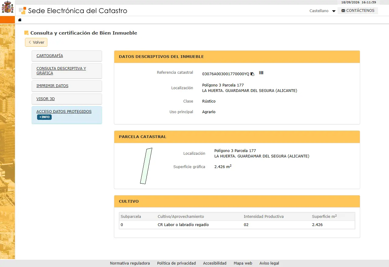 Fiche d'une parcelle rustique sur la Sede Electrónica del Catastro : classe Rústico, usage principal Agrario, 2 426 m², terre labourable irriguée, avec le contour de la parcelle