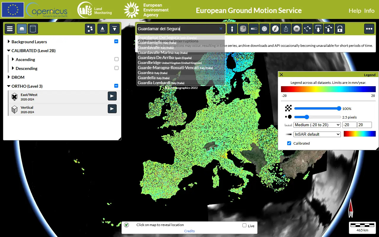 The EGMS viewer with the layers menu open (CALIBRATED Level 2B, ORTHO Level 3 with Vertical 2020-2024) and the search box showing suggestions for Guardamar del Segura