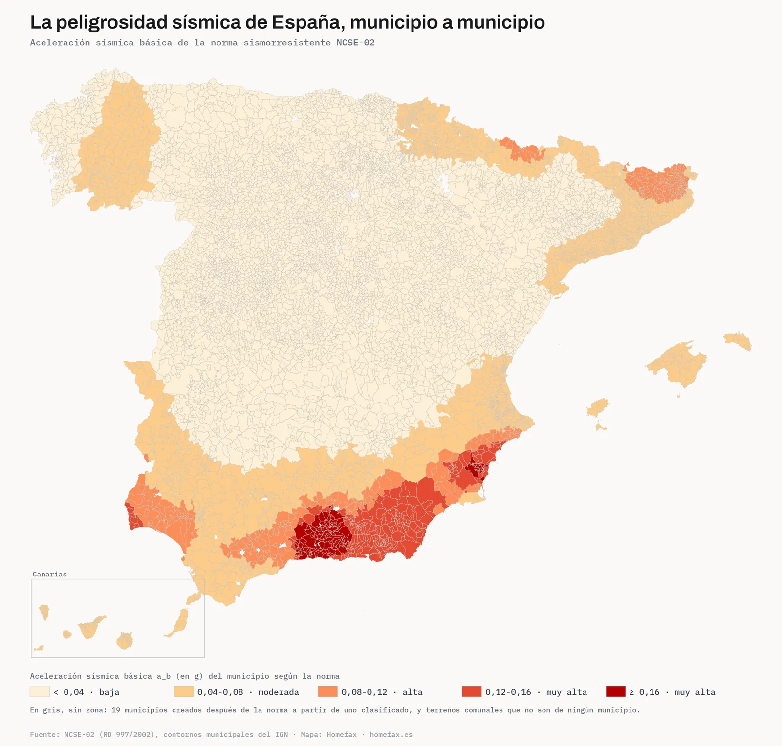 Mapa de las zonas sísmicas de España por municipio según la NCSE-02: los valores más altos en Granada, Almería, Málaga, Murcia, Alicante y Huelva, y alta en Girona