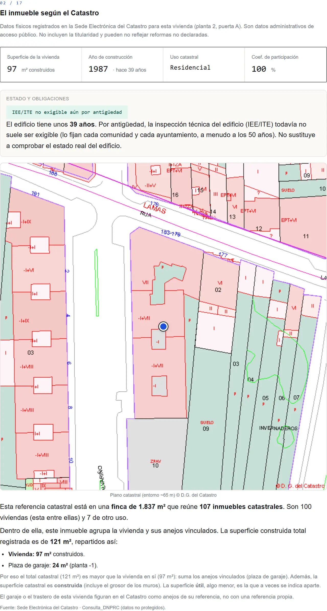 Módulo del Catastro del informe de ejemplo, con la superficie de la vivienda, el año de construcción, el plano catastral y el reparto de metros entre vivienda y garaje