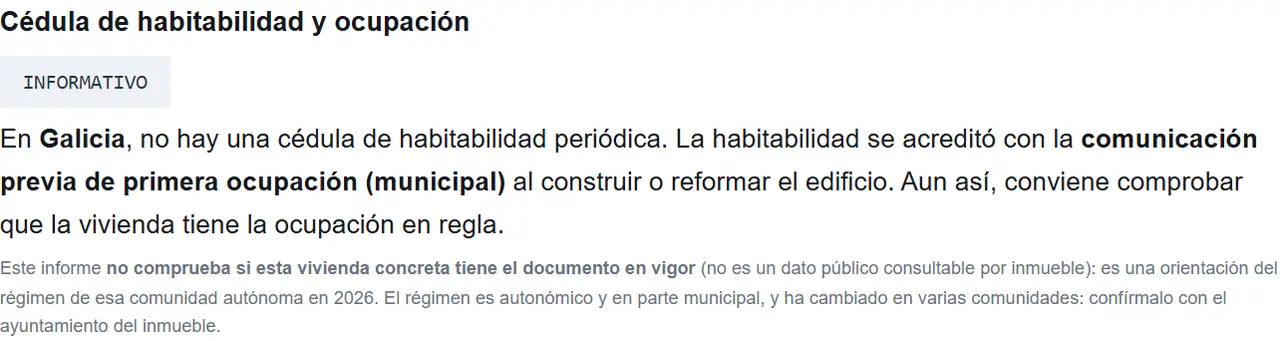Sección del informe de ejemplo sobre la cédula de habitabilidad y la licencia de ocupación en la comunidad del inmueble