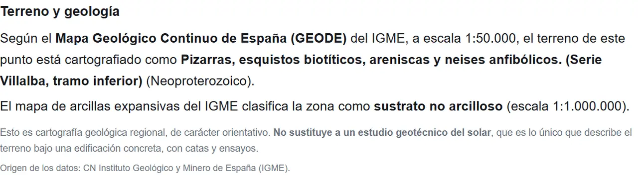 Sección del informe de ejemplo sobre terreno y geología: litología del punto, arcillas expansivas y karst