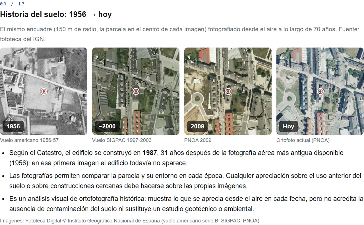 Módulo 03 del informe de ejemplo: la parcela en las ortofotos de 1956, 2000, 2009 y hoy