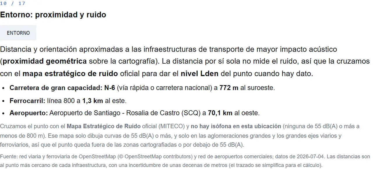 Módulo 10 del informe de ejemplo: distancias a las infraestructuras de transporte (carretera de gran capacidad, ferrocarril, aeropuerto) y nivel Lden oficial cuando hay dato