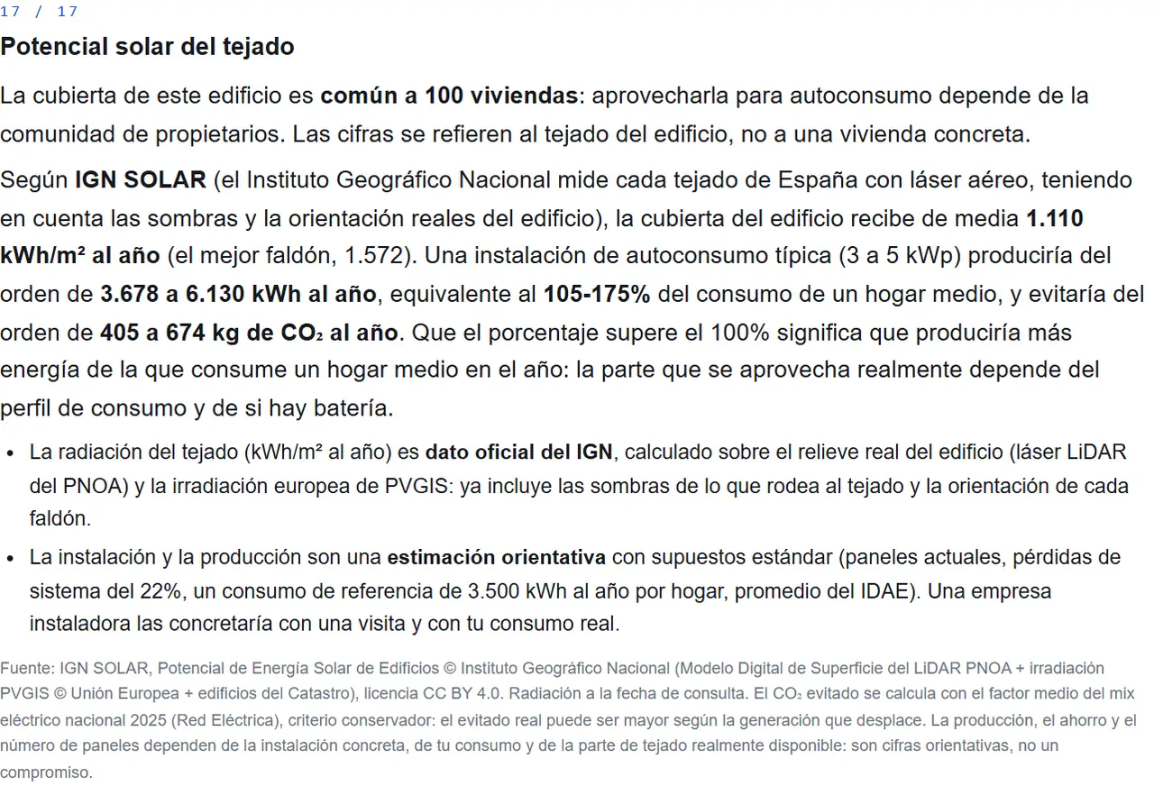 Módulo 17 del informe de ejemplo: potencial solar según IGN SOLAR de una cubierta común a 100 viviendas